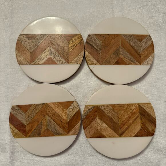 Faux Marble Wood Look Round Coasters Set of 4 Made in India 4" Rustic MCM Style - Picture 1 of 4